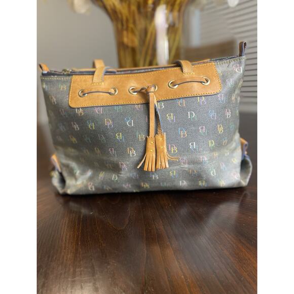 Dooney & Bourke Handbags - Dooney & Bourke IT Satchel Black Canvas Coated Y2K Rainbow Logo Vintage preloved